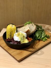 High angle view of breakfast on table