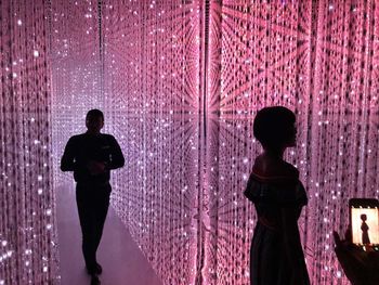 Rear view of silhouette people standing against illuminated lights