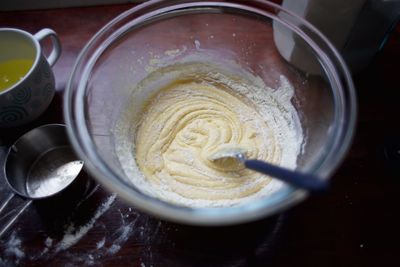 High angle view of cake in bowl on table