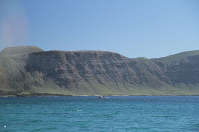 Scenic view of sea and mountains against clear blue sky