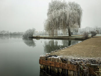 Scenic view of lake against sky during winter