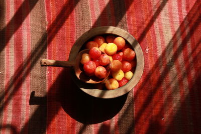 High angle view of fruits in bowl on table