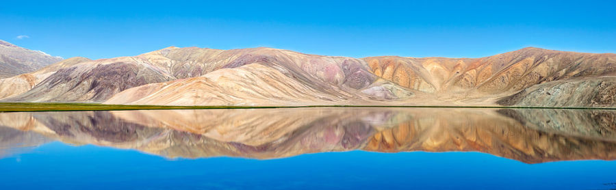 Reflection of mountains in lake against blue sky