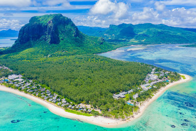 Aerial of mauritius island  and famous le morne brabant mountain blue and underwater waterfall