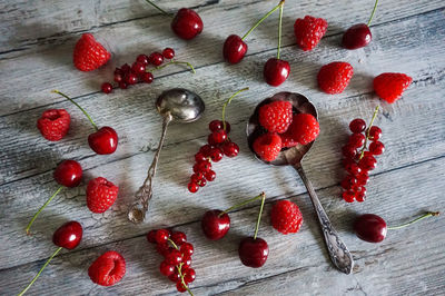 High angle view of strawberries on table