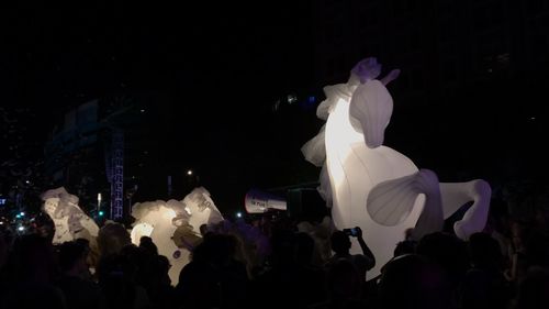 People at illuminated christmas decorations at night