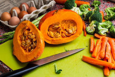 High angle view of chopped vegetables on cutting board