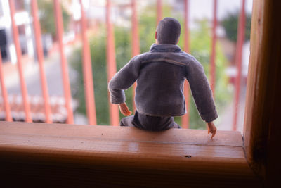 Rear view of man sitting on wood