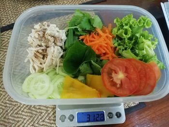 High angle view of chopped vegetables on table