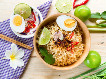 High angle view of meal served on table