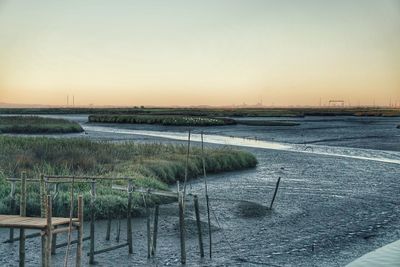 Scenic view of landscape against clear sky during sunset