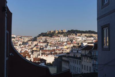 Buildings in city against clear sky