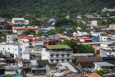 High angle view of buildings in town