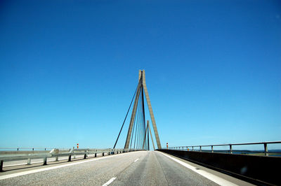 Bridge over highway against clear blue sky