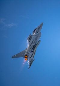 Low angle view of bird flying over blue sky