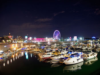 Illuminated ferris wheel in city at night