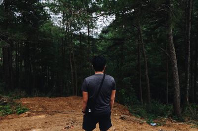 Rear view of man standing in forest