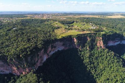 High angle view of trees on landscape against sky