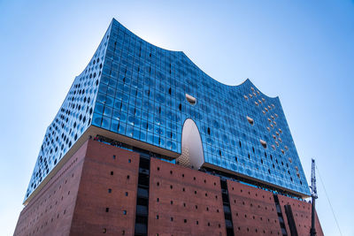 Low angle view of modern building against clear blue sky