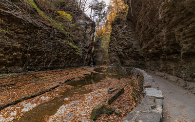 Water follows a sculpted rocky gorge with a stone wall and footpath in the autumn