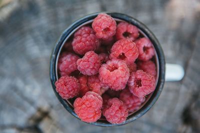 High angle view of strawberries in bowl