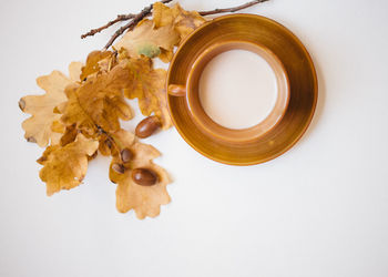 High angle view of drink on white background