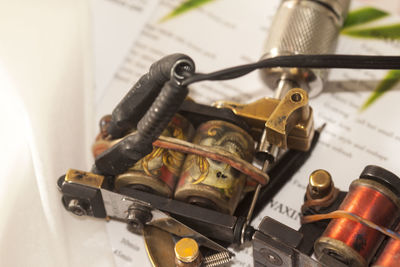 High angle view of machine on table