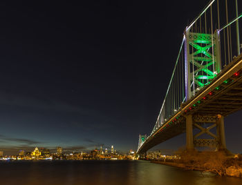 Illuminated bridge over river at night