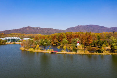 Scenic view of lake against clear sky