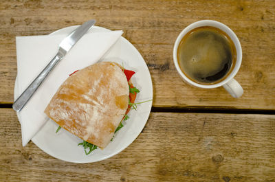 High angle view of breakfast served on table