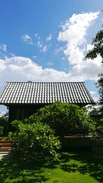 Low angle view of building against cloudy sky