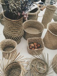 High angle view of baskets on table