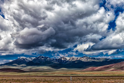 Scenic view of mountains against cloudy sky