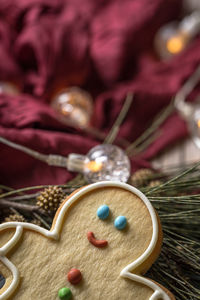 Close-up of christmas decoration on table