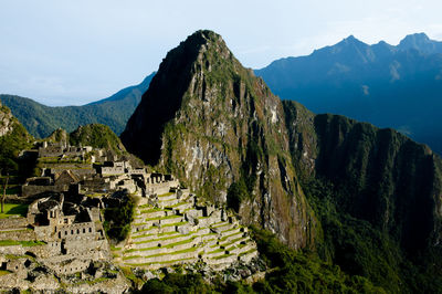 High angle view of ruins of mountain against sky