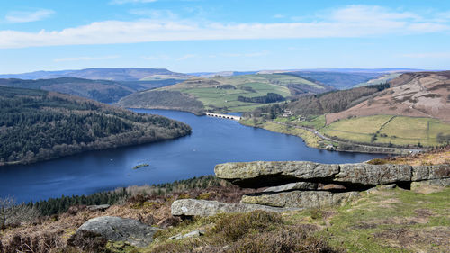 Scenic view of lake and mountains against sky