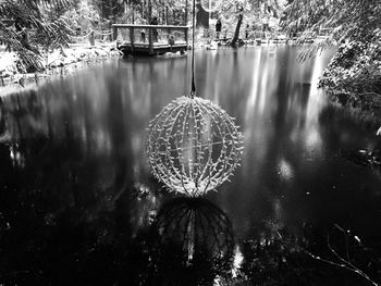 Close-up of snow on water against sky