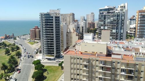 High angle view of cityscape against clear sky