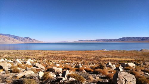 Scenic view of lake against clear sky