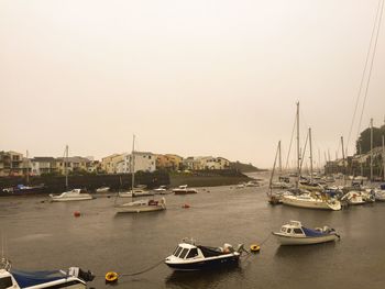 Boats moored at harbor against clear sky