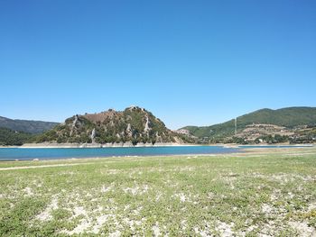 Scenic view of lake against clear blue sky