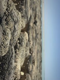 Close-up of rocks by sea against sky