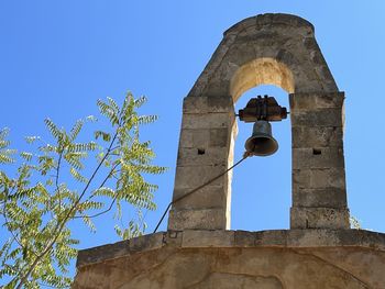 Low angle view of bell tower against clear sky