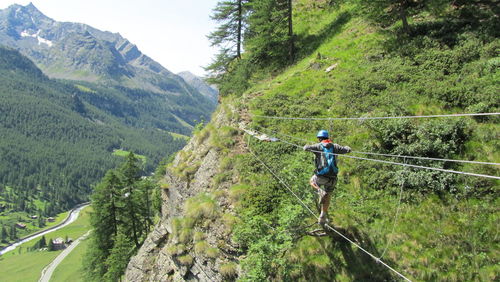 Rear view of man slacklining at forest