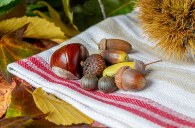 Close-up of fruits and leaves on table