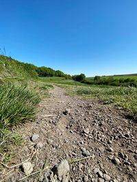 Scenic view of field against clear blue sky