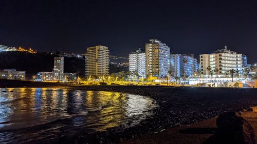 Illuminated buildings in city at night