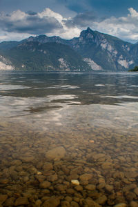 Scenic view of lake by mountains against sky