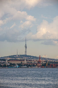 View of buildings by sea against cloudy sky