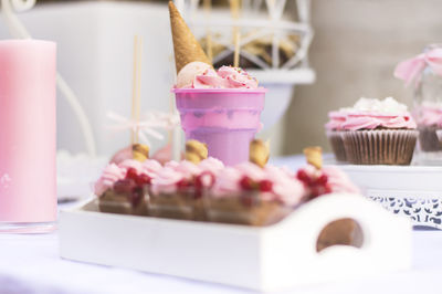 Close-up of desserts on table